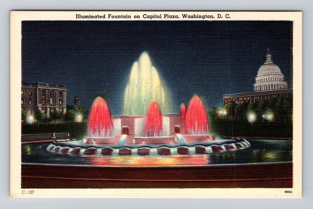 Washington DC, Illuminated Fountain On Capitol Plaza, Antique, Vintage Postcard
