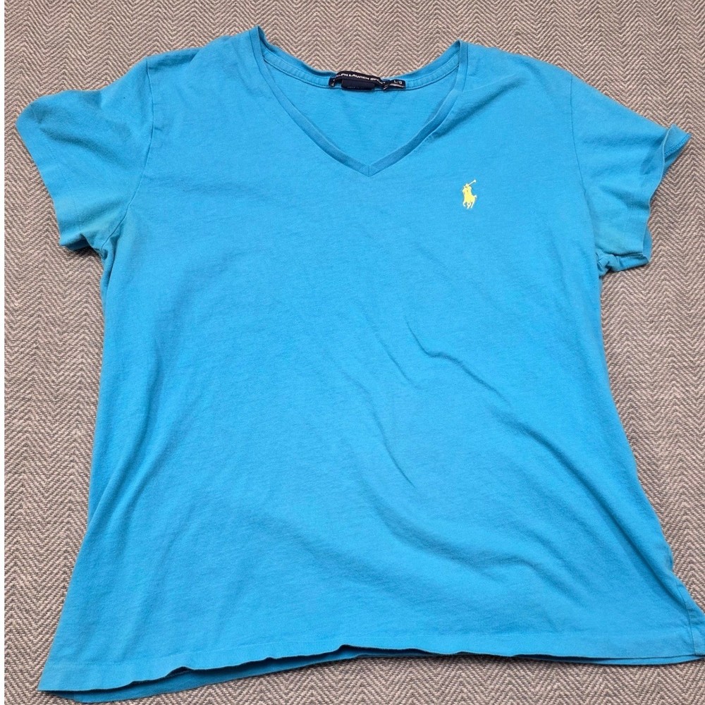 Ralph Lauren Sport Womens V-Neck T-Shirt Turquoise Blue Yellow Pony Logo Size L