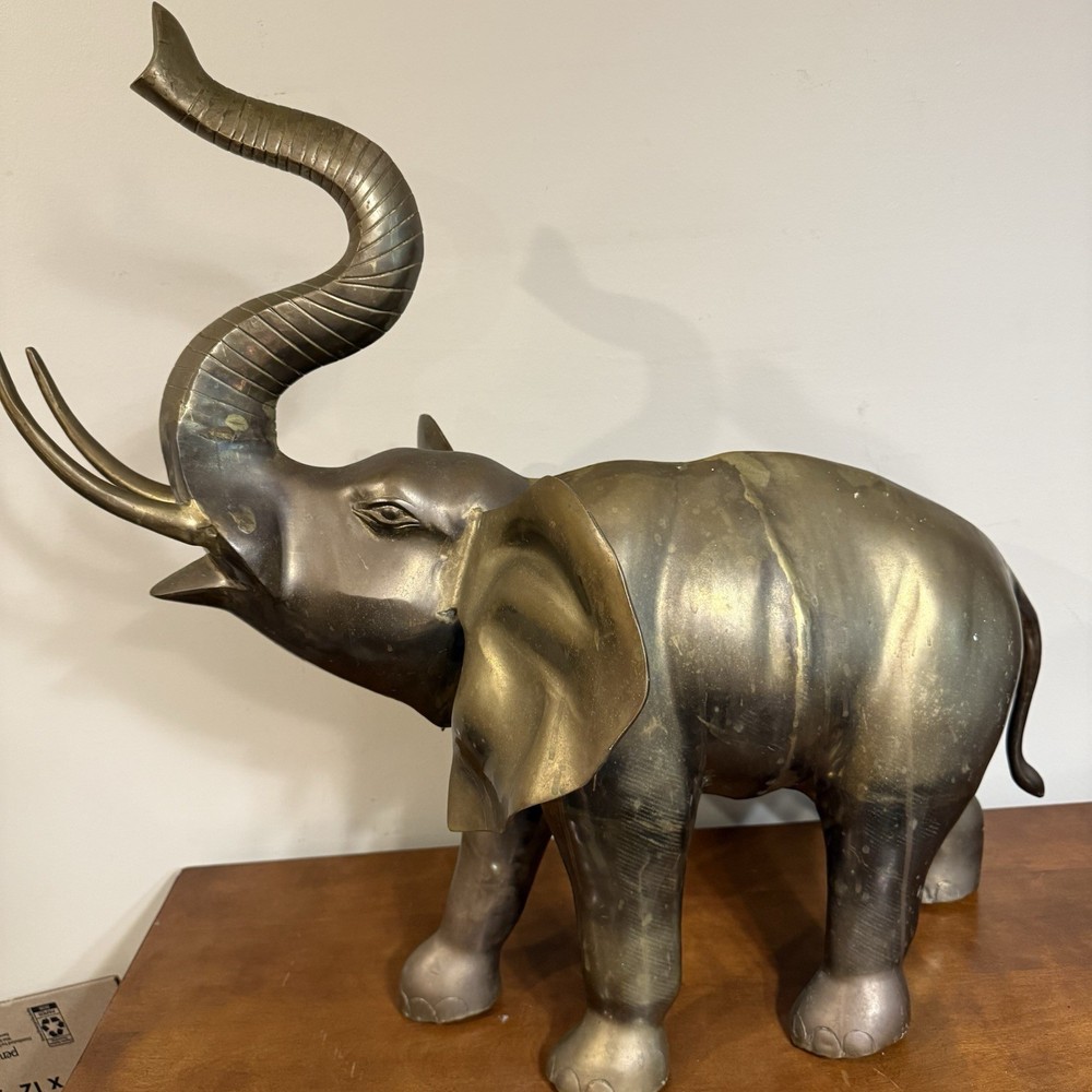 Vintage Brass Elephant Statue Large Safari 27 LBS!! Trunks Up 28