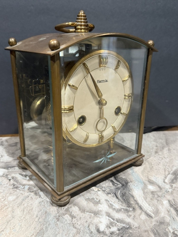 Vintage Hermle Brass FHS Movement Bell Wind Up Brass Carriage Anniversary Clock