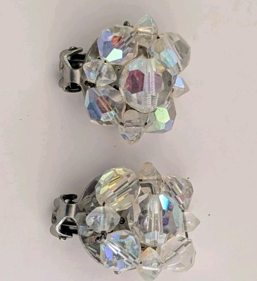 Vintage Aurora Borealis AB Beaded Clear Cluster Clip On Earrings Faceted