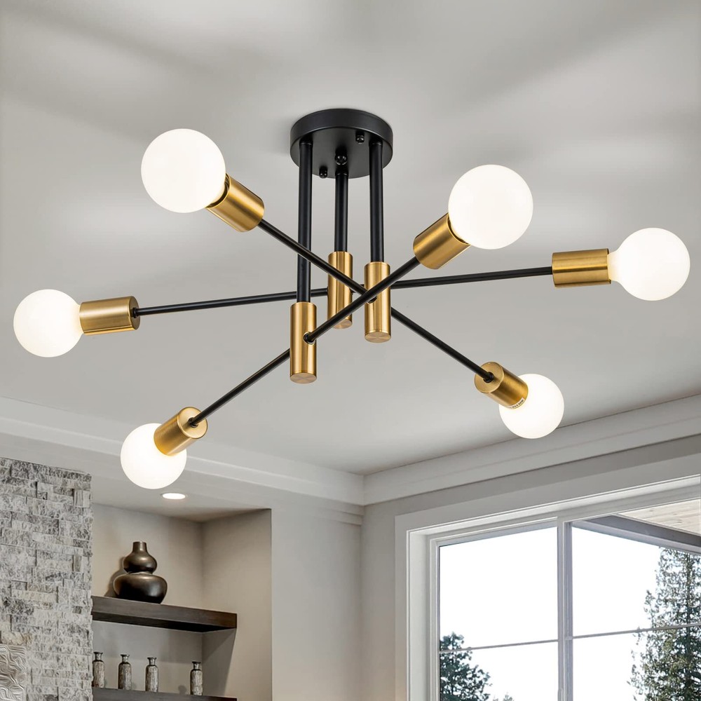 6-Light Black Gold Sputnik Chandelier Semi-Flush Mount Ceiling Fixture