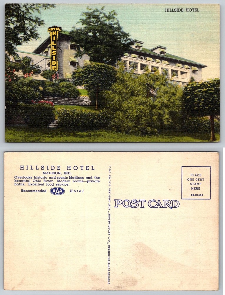 Hillside Hotel Madison Indiana OH River View C.T. Art-Colortone Postcard 1940s
