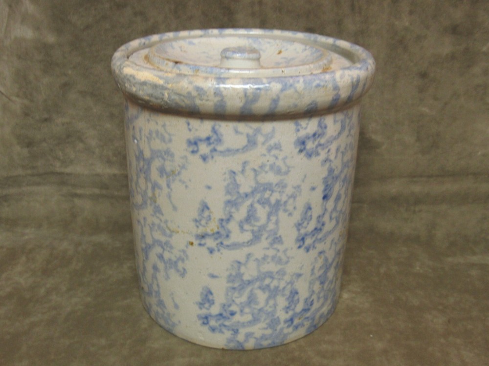 Antique Red Wing Pottery Butter Crock Blue Spongeware w/Cover AS IS Condition