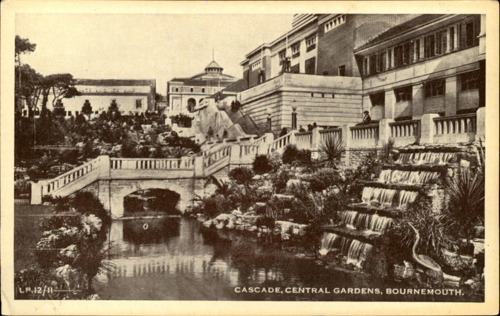 Bournemouth Dorset Co England Cascade Central Gardens bridge unused postcard