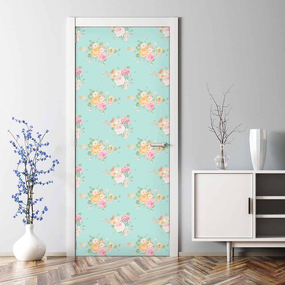 Pale rose bubble-free door decal in pink and orange photo decor