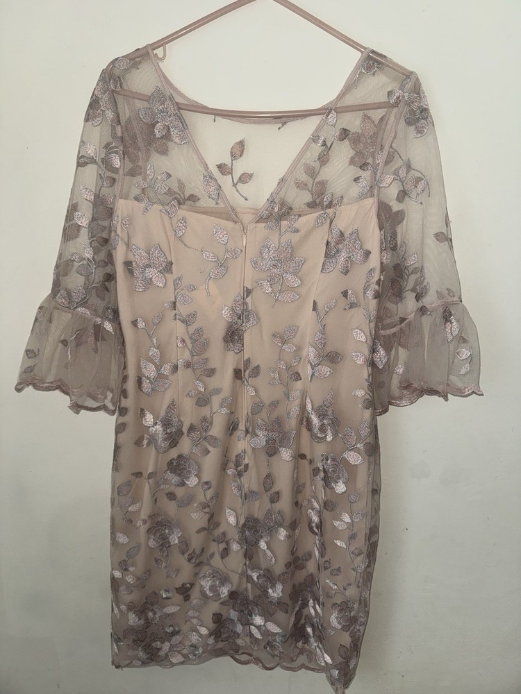 Adrianna Papell Elegant Embroidered Floral Mesh Dress Sheer Sleeves Cocktail 14