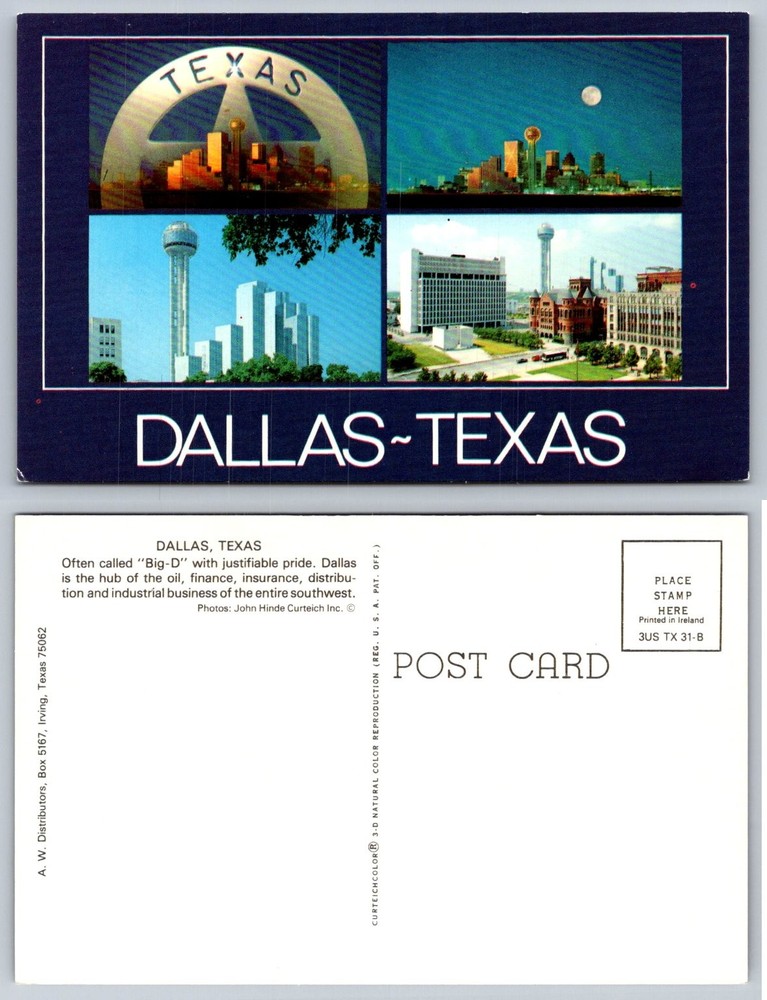 Dallas Texas Skyline Reunion Tower Curteichcolor Postcard 