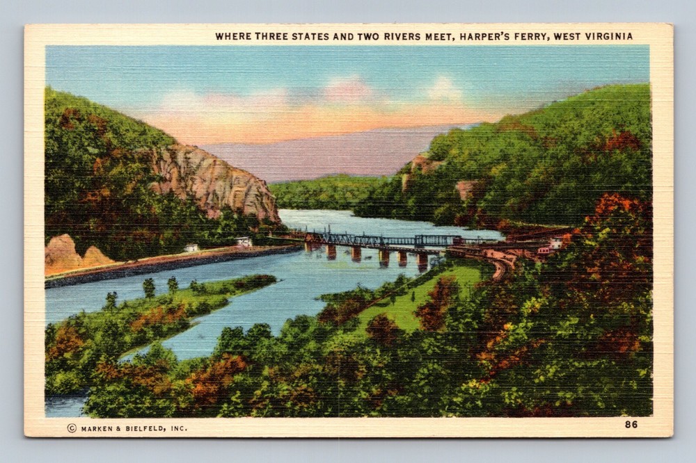 Postcard Where Three States and Two Rivers Meet, Harper's Ferry WV linen