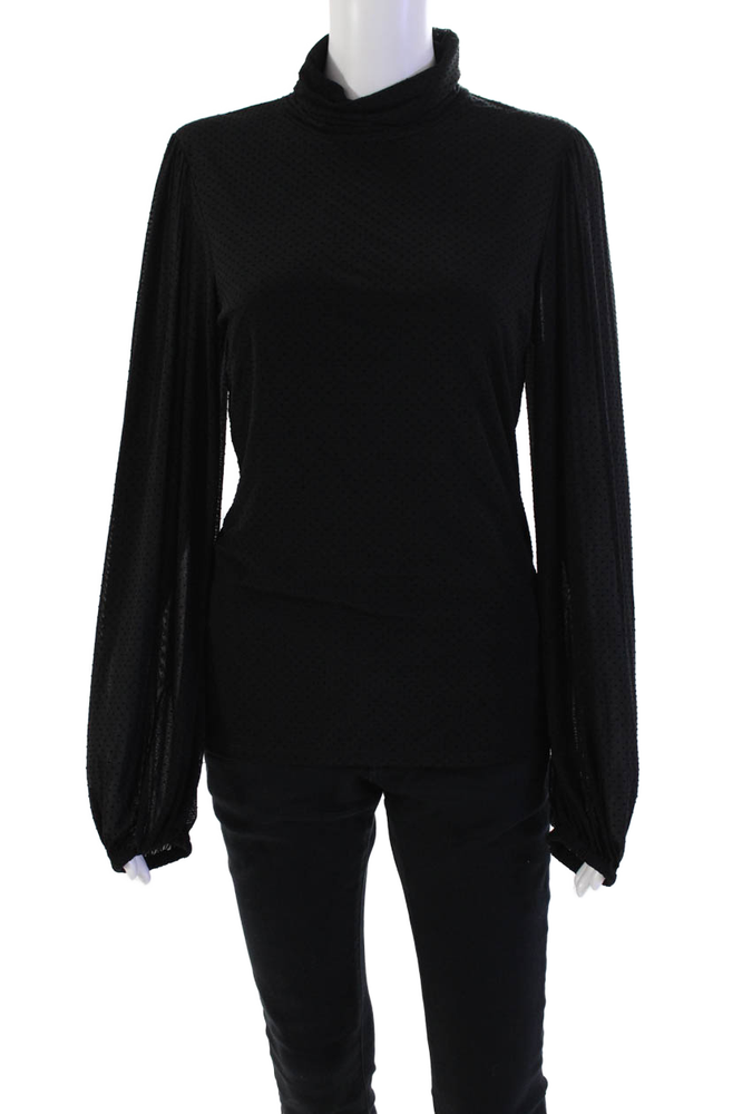 Ganni Black Polka Dot Long Sleeve Turtleneck Ruched Blouse Size EUR 38