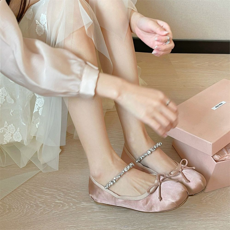 Women's Fashion Gentle Ballet Shoes With Satin Bow Flat Bottom Mary Jane Shoes