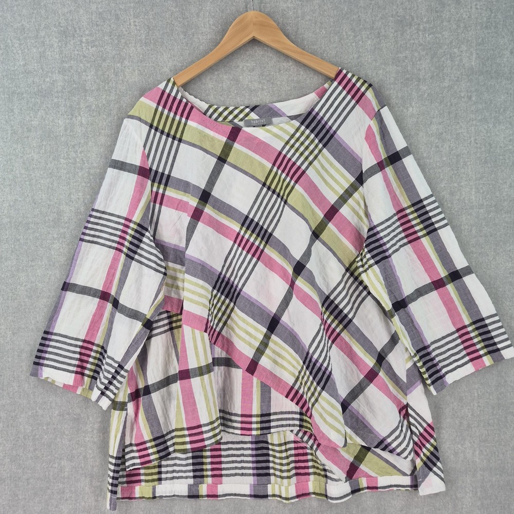 Habitat Clothes to Live in Top XL Pink Black Plaid Artsy Lagenlook Bateau Neck