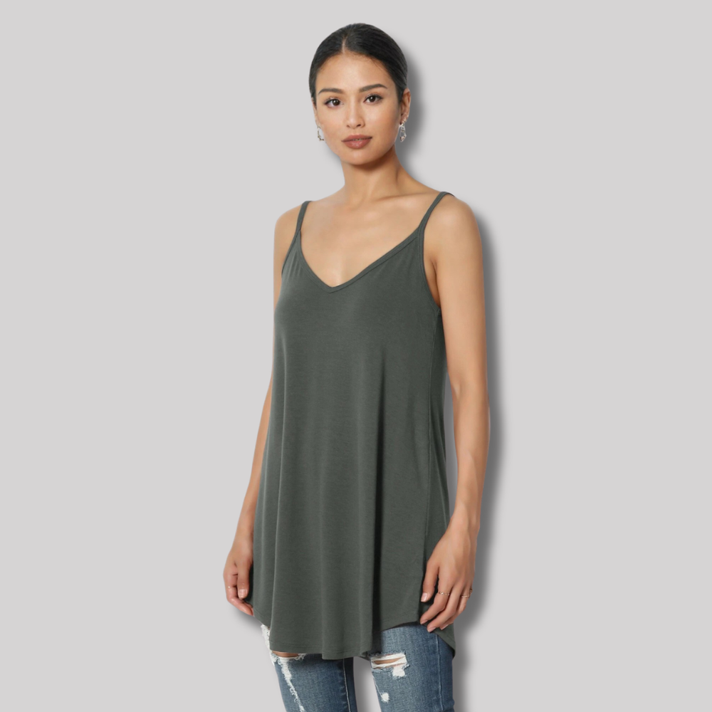 Ash Gray Reversible V Scoop Neck Spaghetti Strap Long Loose Cami Tank Top