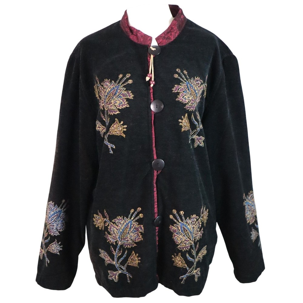 Vintage 90s Black Blazer Embroidered Flowers Mandarin Collar Womens Medium Asian