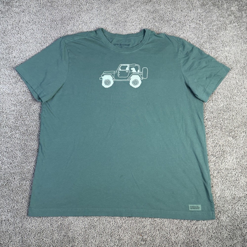 Life Is Good Shirt Mens XL Green Jeep Dog Graphic Crew Neck Tagless Cotton