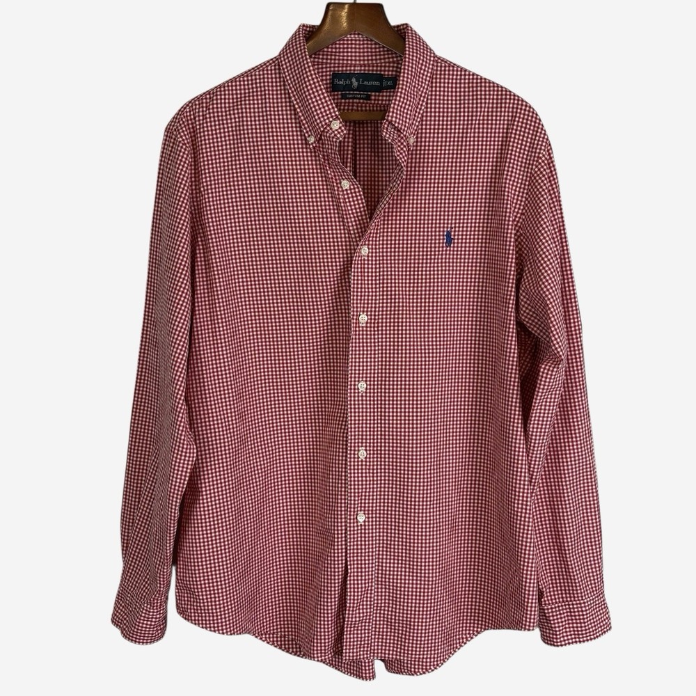Ralph Lauren Mens Red Gingham Long Sleeve Button Down Shirt XL Custom Fit