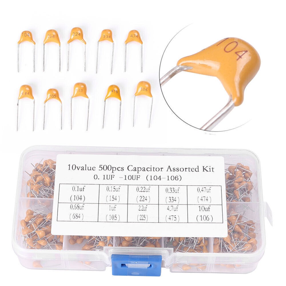 500x Electronic Ceramic Capacitor Assorted Kit w/ Box 10 Value 50V 0.1uF~10uF