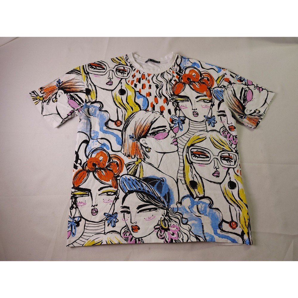 Zara Mens Size S Abstract Face Graphic Print T-Shirt Pop Art Casual Short Sleeve-image