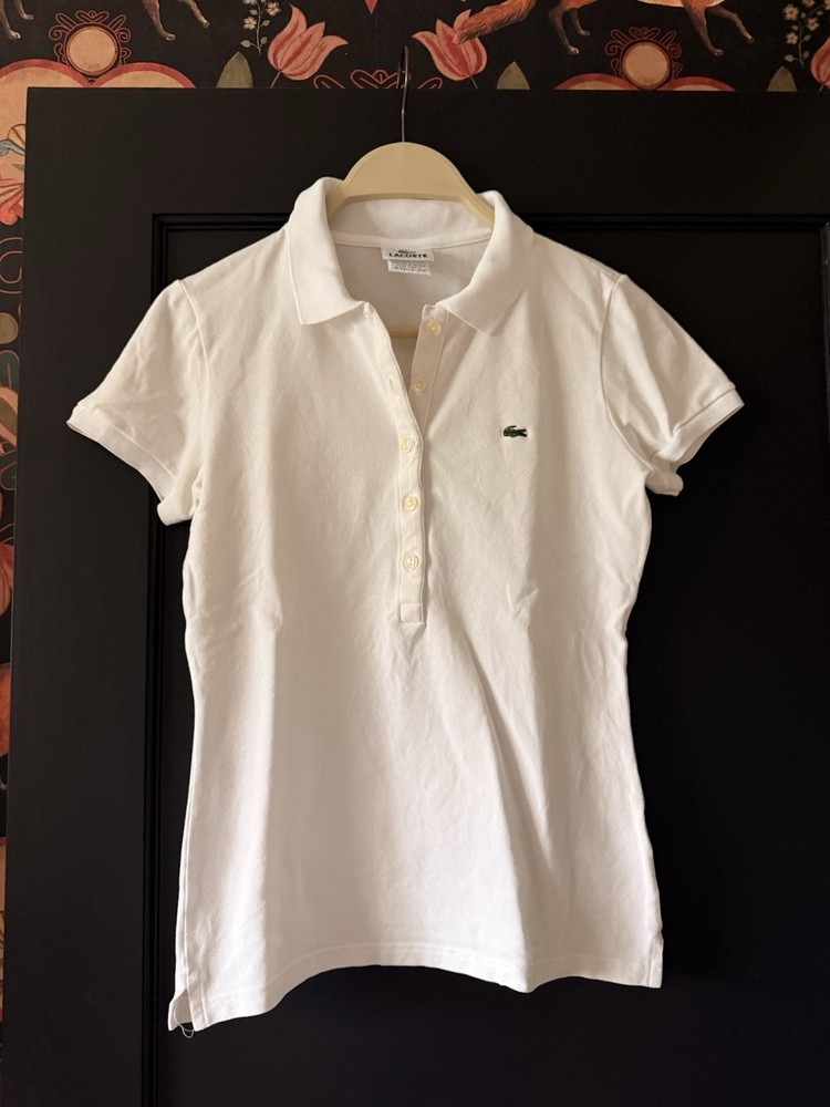 Women’s Lacoste White Polo Shirt Size 36 Izod Preppy Size S XS Fitted Peru