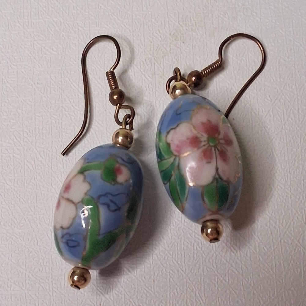 Vintage Hand Painted Porcelain Earrings Blue Pink Floral Ceramic Bead Dangle
