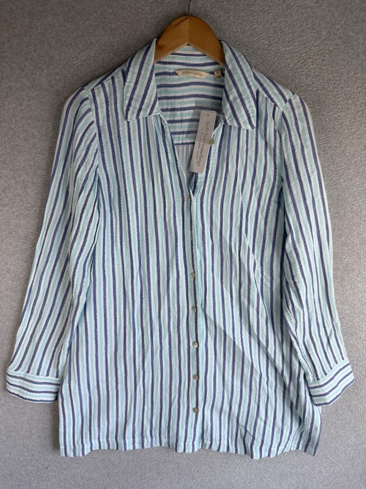 Soft Surroundings Top Womens Medium Aqua Striped Escambia Gauze Tunic Resort NWT