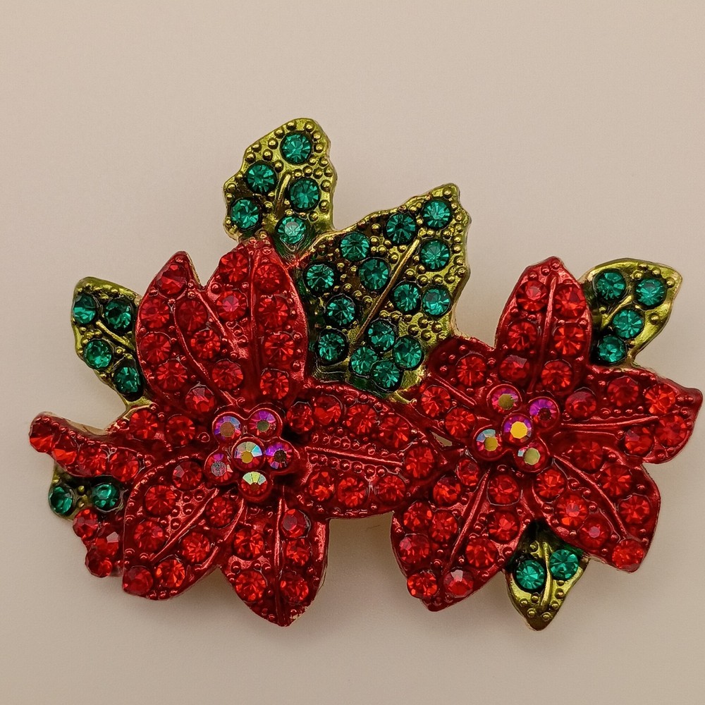Christmas Brooch Poinsettia Aurora Borealis Rhinestone Red Green Gold Tone