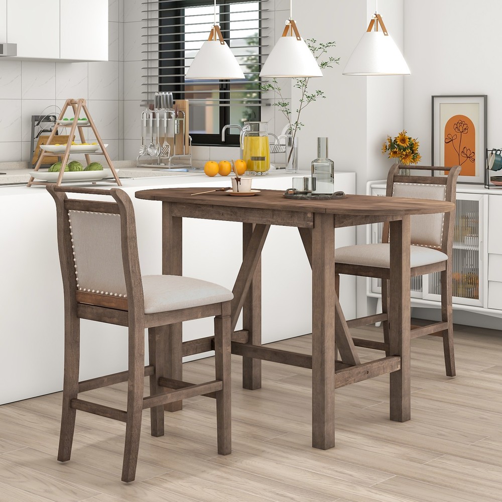 3 Piece Drop Leaf Dining Table Set W/ 2 Chairs Wood Counter Height Bar Table Set