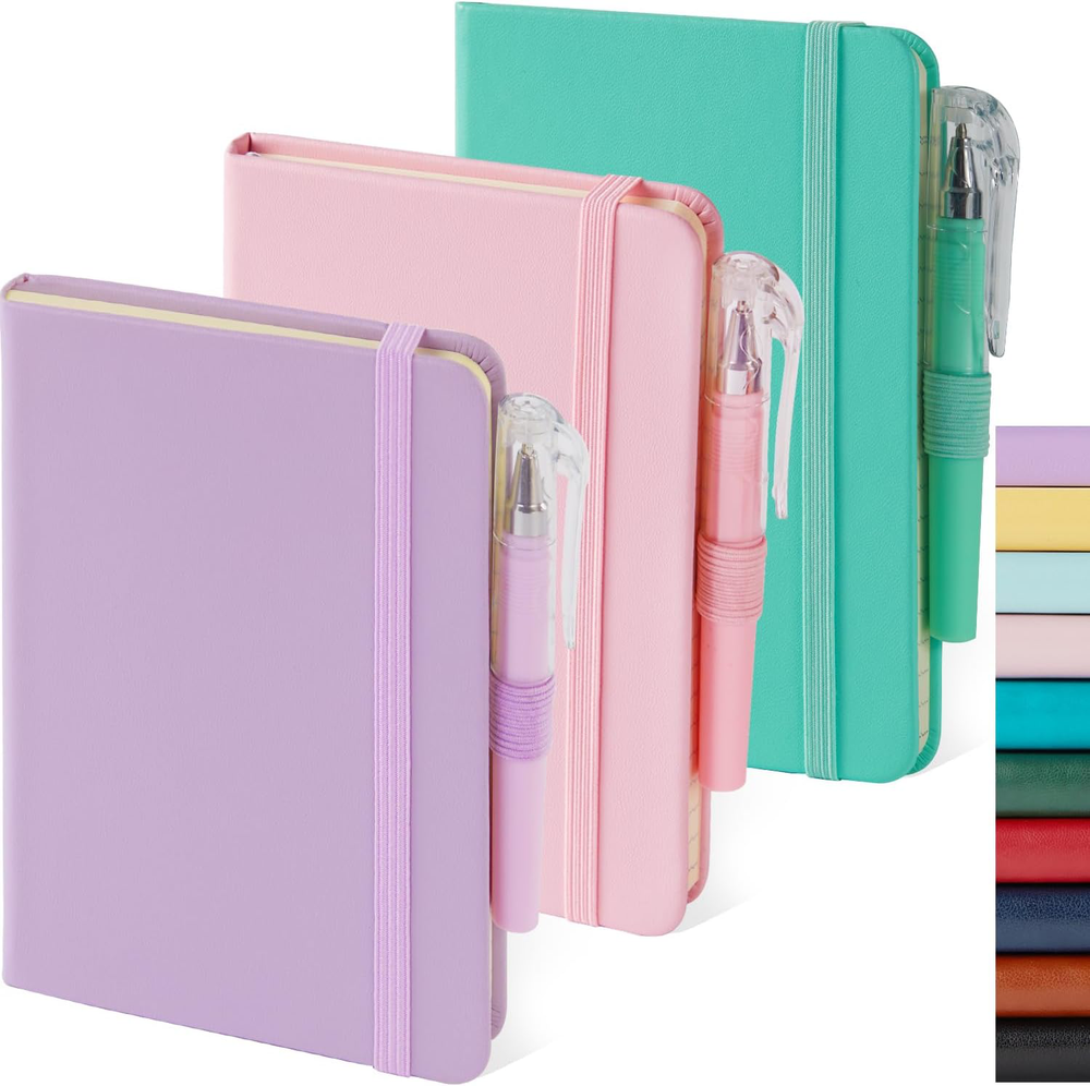 A6 Mini Pocket Notebook Journal Set with 3 Pens in Pink Purple Green