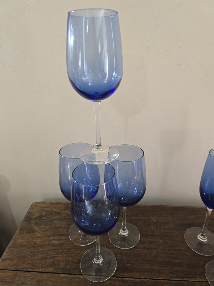 VTG Set Of 4 Peir I Pantiago Blue 16oz Cobalt Blue Clear Stem Hand Blown Goblets