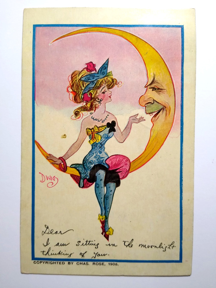 Fantasy Postcard Dwig Lady Sits On Crescent Moon Human Face Anthropomorphic Rose