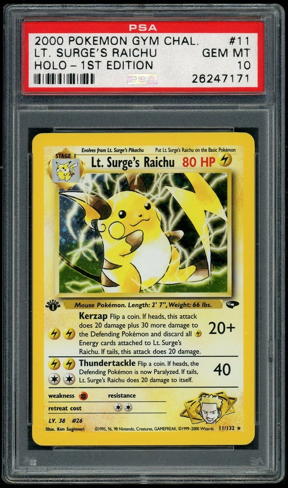 Pokemon 1 Lt. Surge's Raichu 2000 Gym Challenge #11 1St Edition Holo Psa 10RCH IS ACCEPTING CONSIGNMENTS! UP TO 95% PAYOUTS!