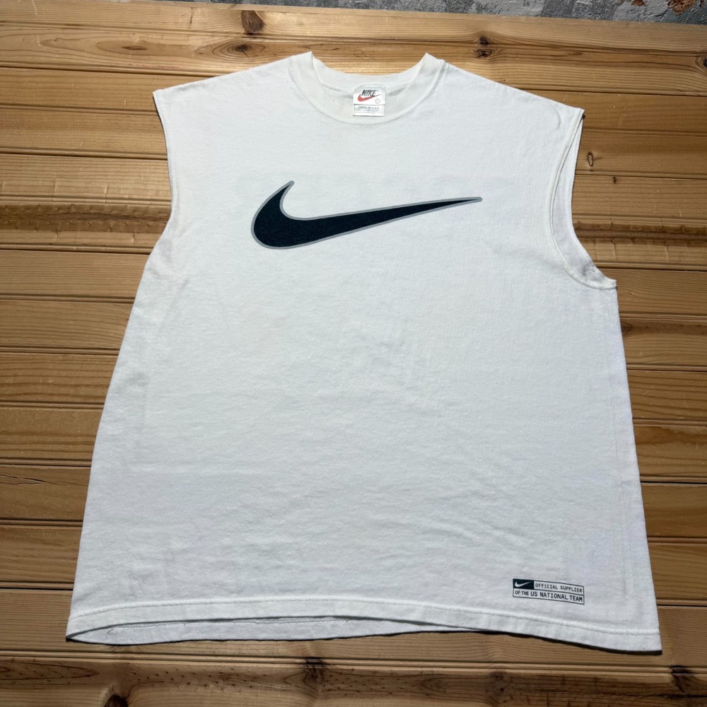 Vintage 90s Nike Sportswear Big Center Swoosh Logo Soccer Muscle Shirt USA Large
