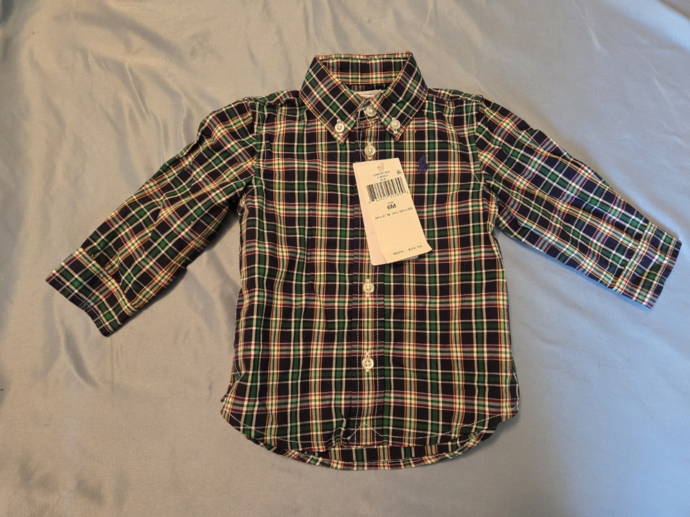 Boys NWT Ralph Lauren Polo Dress Shirt Button Down Plaid 6 Months Long Sleeve