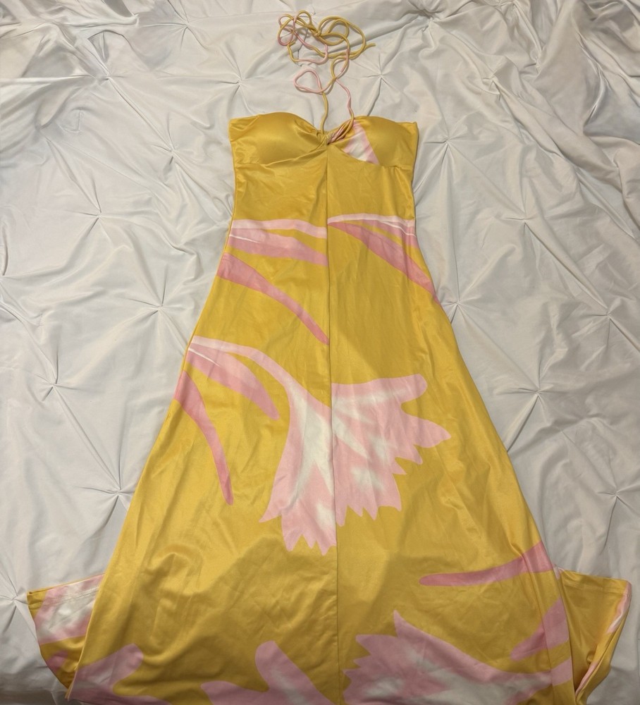 Yellow Pink Floral Satin Maxi Dress Sweetheart Neck Tie Straps Sleeveless