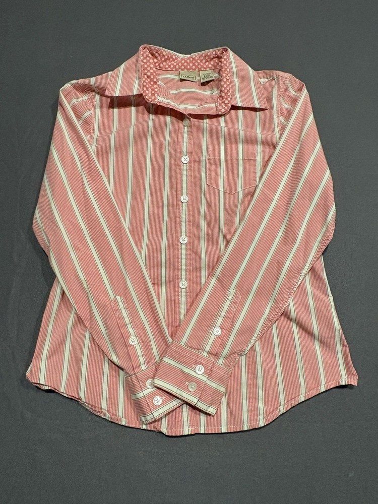 LL Bean Womens Small Pink White Seersucker Button Up Shirt