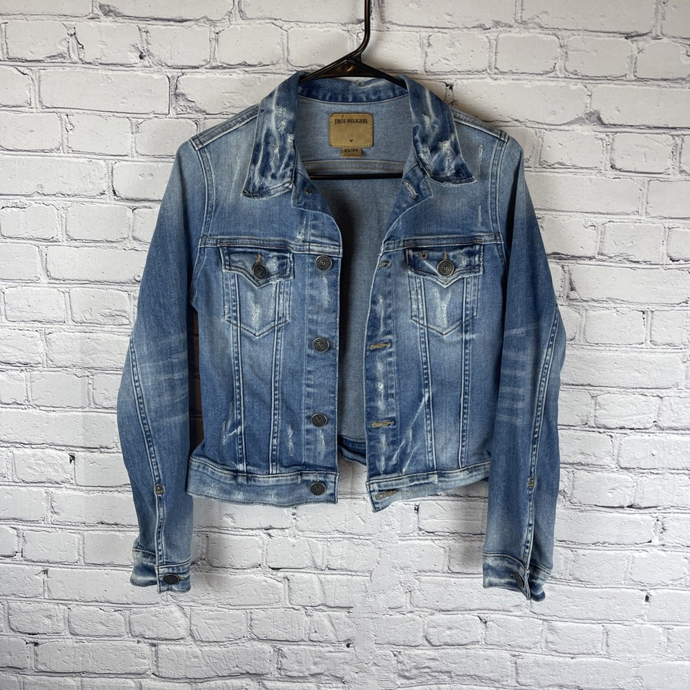 True Religion World Tour Denim Jean Jacket Women’s XS Distressed Trucker