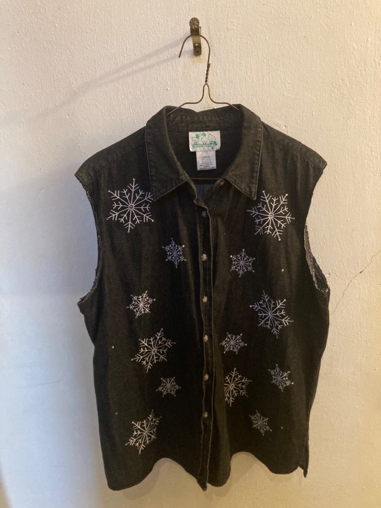 The Quacker Factory Women’s Snowflake Blue Jean Vest, Size Large, Hong Kong