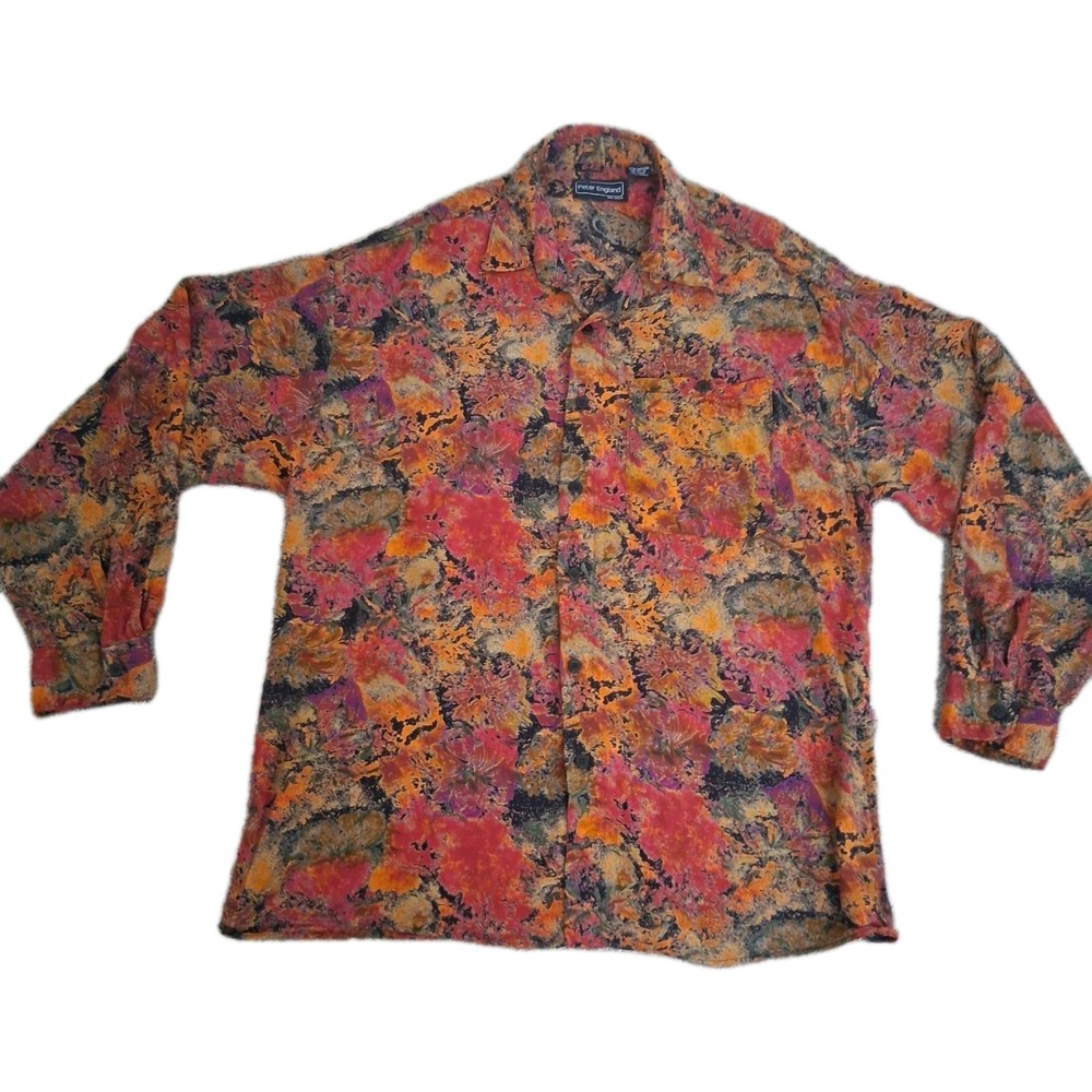 Peter England Men’s M Abstract Multicolor Rayon Long Sleeve Button-Up Pockets