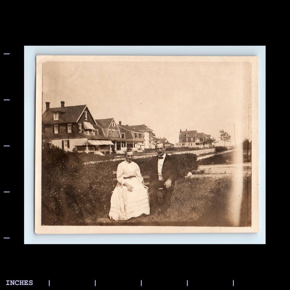 Old Vintage Photo VICTORIAN ERA MAN WOMAN SITTING ON BENCH STREET SCENE