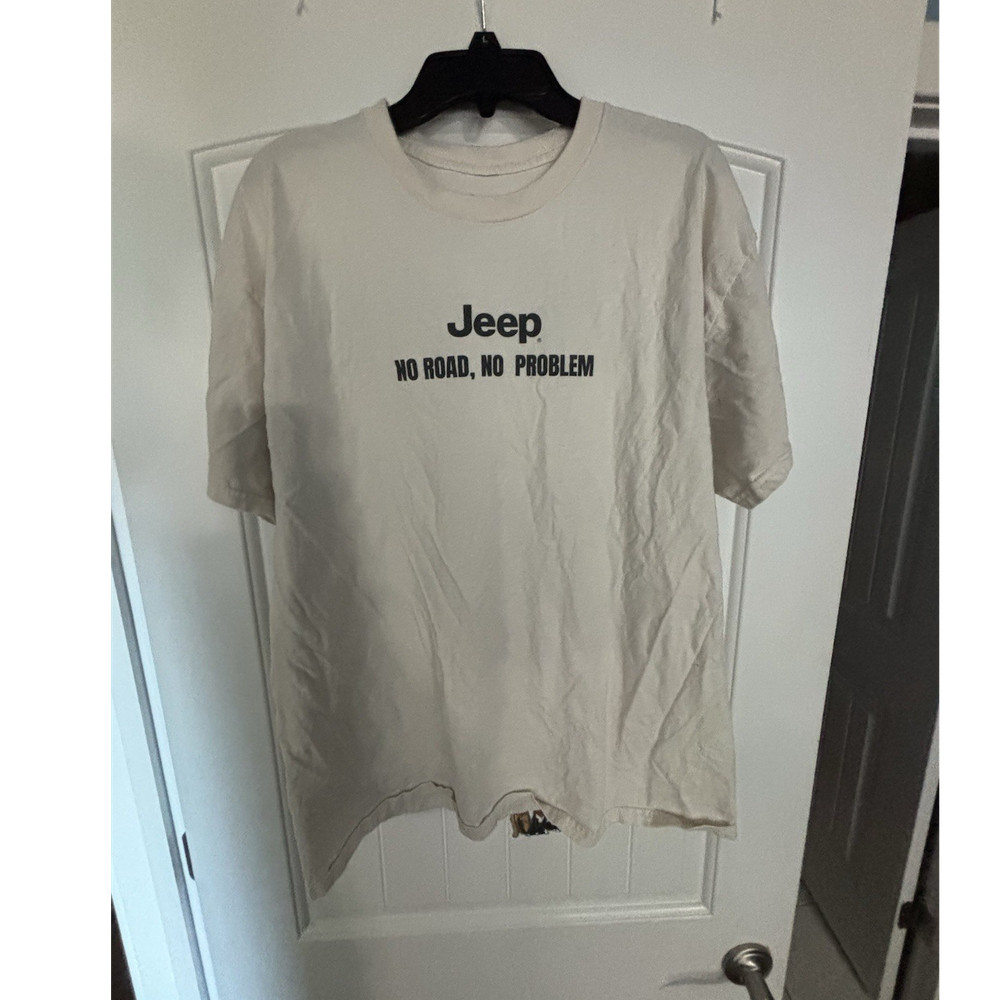 Jeep No Road No Problem Men's L Beige Cotton Crew Neck Double-Sided Tee
