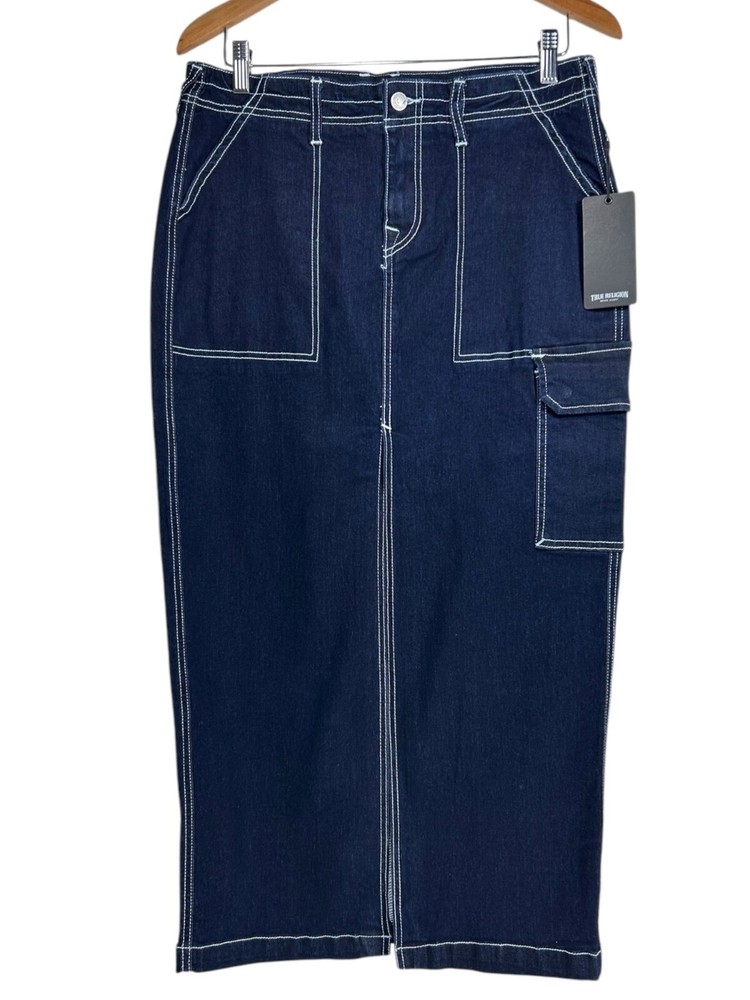 True Religion Maxi Skirt Sz 28 Denim Cargo Slit Skirt Jean Retro Y2K Streetwear