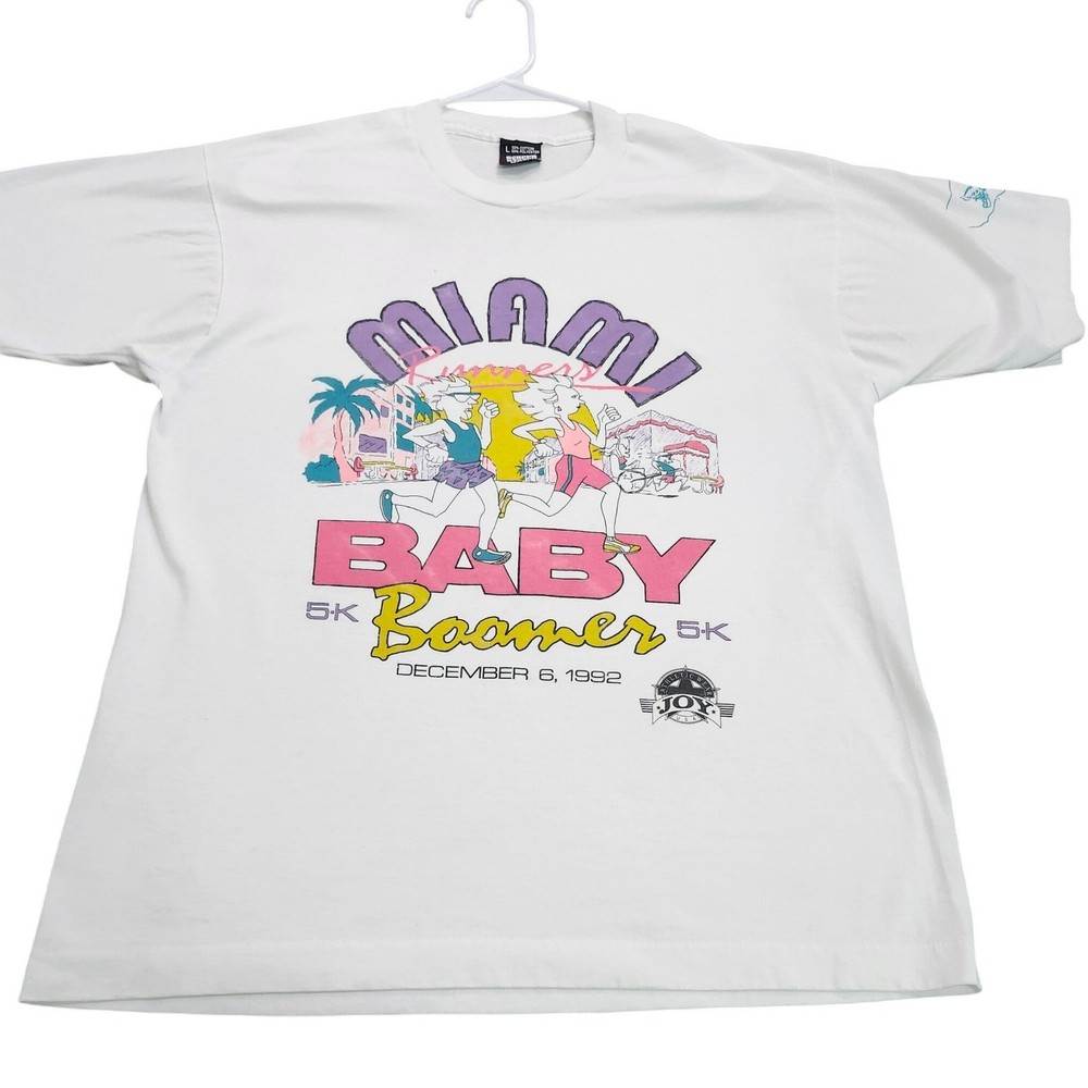 Vintage 1992 Miami Runners Baby Boomer 5K T-Shirt Screen Stars Best White Large