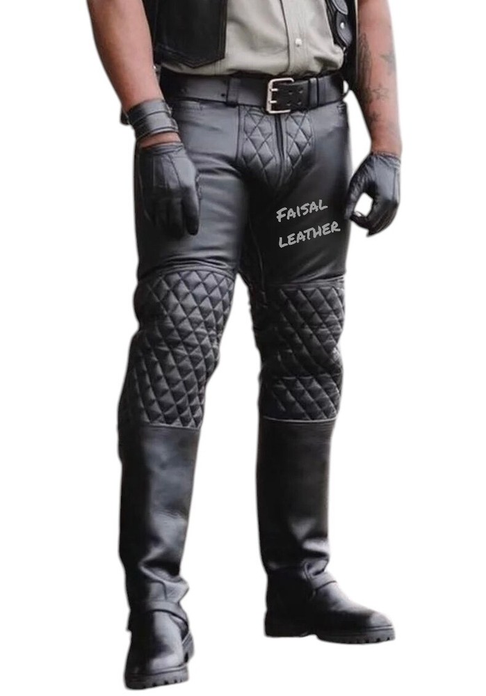 Men Slim Fit Cow Leather Quilted Padded Jeans with Front Hole Detail