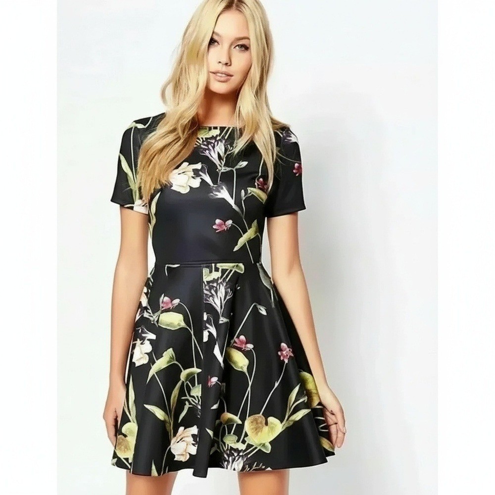 TED BAKER Womens Black Moven Floral Skater Dress Size 1 Short Sleeve Elegant