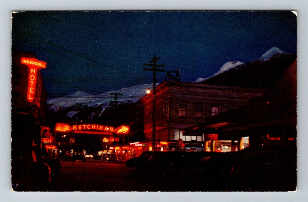 Ketchikan, AK-Alaska, Night Scene Neon Signs Downtown Vintage Postcard
