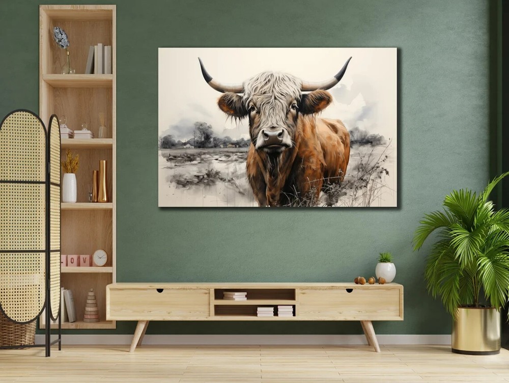 Brown Highland Cow Black & White Paint Wall Art Canvas Unframed Print Art