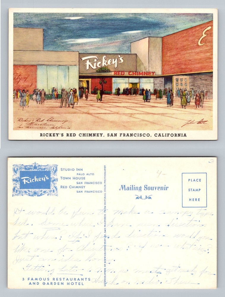 San Francisco, CA-California, Rickey’s Red Chimney Restaurant Vintage Postcard