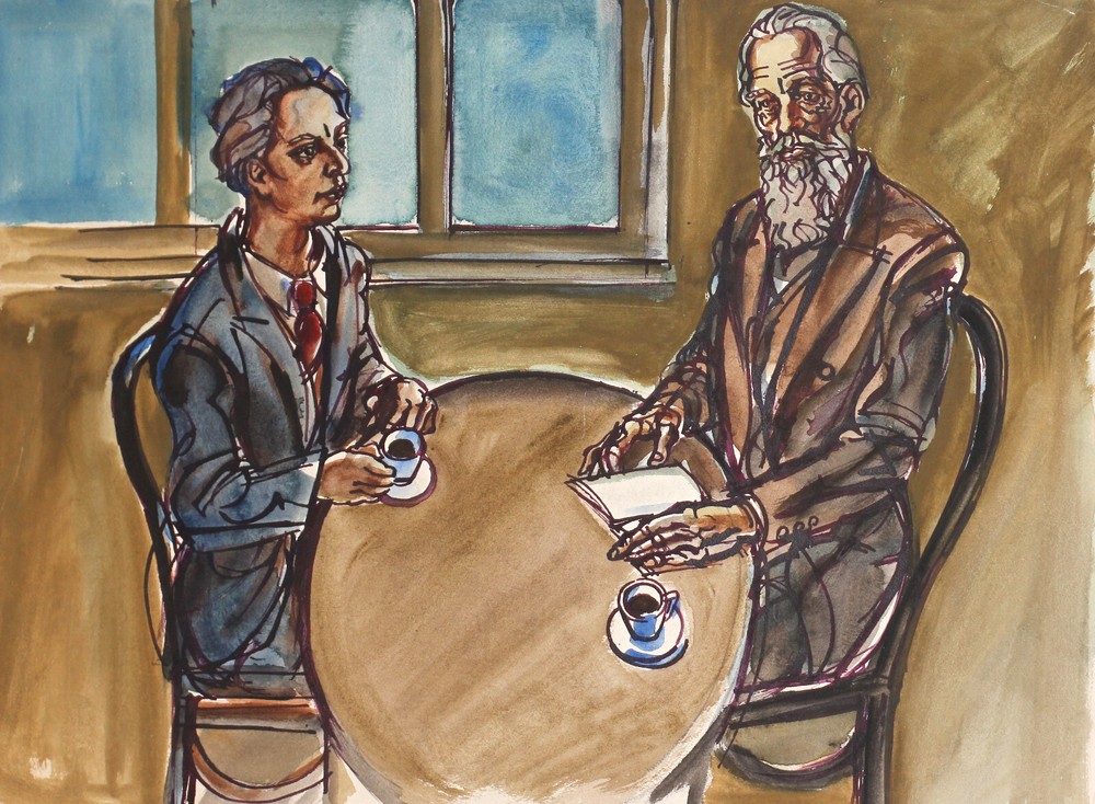 Vintage original watercolor painting mens figures