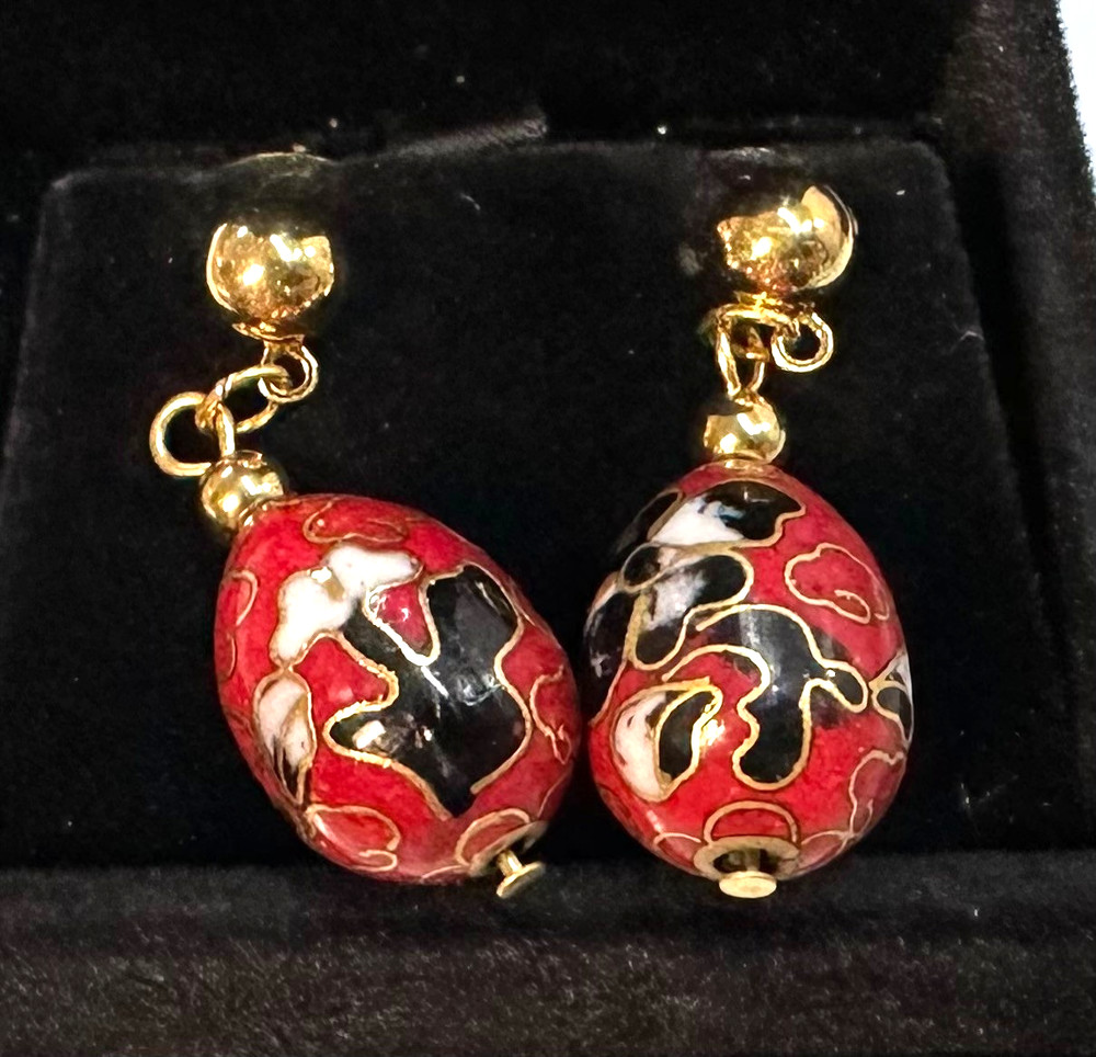 Vtg Costume Gold Tone Red Enamel Pierced Earrings Jewelry Lot I