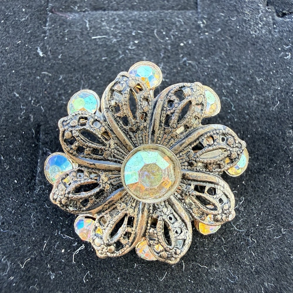 Vintage Aurora Borealis Rhinestone Flower Brooch Antique Gold Tone
